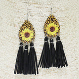 84254, SUNFLOWER N LEOPARD PRINT WOODEN TASSEL EARRING