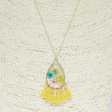 85243, PRESSED FLOWER W/ TASSEL PENDANT NECKLACE