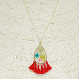 85243, PRESSED FLOWER W/ TASSEL PENDANT NECKLACE