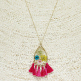 85243, PRESSED FLOWER W/ TASSEL PENDANT NECKLACE