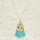 85243, PRESSED FLOWER W/ TASSEL PENDANT NECKLACE