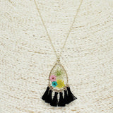 85243, PRESSED FLOWER W/ TASSEL PENDANT NECKLACE