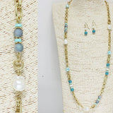 85558, HANDMADE FRESHWATER PEARL & SEMI PRECIOUS STONE LONG NECKLACE