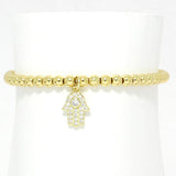 85643, PAVE HAMSA CHARM W/ BALL BEAD STRETCH BRACELET *STAINLESS STEEL