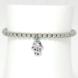 85643, PAVE HAMSA CHARM W/ BALL BEAD STRETCH BRACELET *STAINLESS STEEL