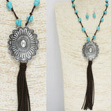 85732, WESTERN CONCHO W/ SEMI PRECIOUS STONE LONG PENDANT NECKLACE