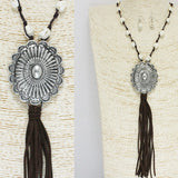 85732, WESTERN CONCHO W/ SEMI PRECIOUS STONE LONG PENDANT NECKLACE