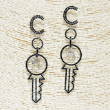 86652, "NUMBER 5" PAVE KEY DANGLE EARRING