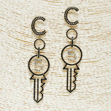 86652, "NUMBER 5" PAVE KEY DANGLE EARRING