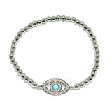86898, PAVE CZ EVIL EYE BALL BEADED STRETCH BRACELET *STAINLESS STEEL