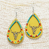 87522, STEER HEAD SUNFLOWER PRINTED WESTERN TEARDROP WOOD EARRING