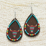 87522, STEER HEAD LEOPARD PRINTED WESTERN TEARDROP WOOD EARRING
