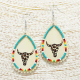 87522, STEER HEAD LEOPARD PRINTED WESTERN TEARDROP WOOD EARRING