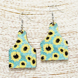 87772, WESTERN SUNFLOWER PRINT WOOD TAG EARRING