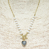 87990, HEART SEMI PRECIOUS STONE CHARM WITH FRESHWATER PEARL TOGGLE NECKLACE