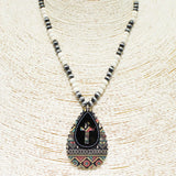 88096, WESTERN CROSS PRINT WOOD N NAVAJO BEAD NECKLACE