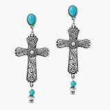 88178, WESTERN CROSS WITH TURQUOISE STONE DANGLE EARRING