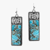 88183, WESTERN FLOWER EMBROIDERY ACCENT RECTANGLE TURQUOISE STONE EARRING