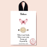 88266, "BELIEVE" BUTTERFLY ENGRAVED ADJUSTABLE CUBIC ZIRCONIA RING