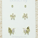 88882, BUTTERFLY & FLOWER ACCENT 925 STERLING SILVER POST STUD EARRING SET