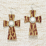 88977, FAUX LEATHER CROSS EARRING