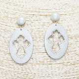 89637, CROSS CUTOUT FAUX LEATHER EARRING