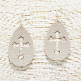 89638, CROSS CUTOUT FAUX LEATHER EARRING