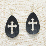 89638, CROSS CUTOUT FAUX LEATHER EARRING