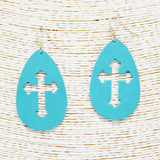 89638, CROSS CUTOUT FAUX LEATHER EARRING