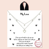 89894, "MY LOVE" DAINTY CZ HEART CHARM DOUBLE LAYERED NECKLACE