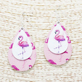 Flamingo Print Teardrop Wood Earring
