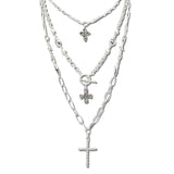 VN1441WS 8 · Layered Cross Chain Necklace – Worn Silver