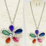 90400, FLOWER SEMI PRECIOUS STONE ACCENT LONG PENDANT NECKLACE