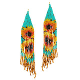 90452, SUNFLOWER PRINT SEED BEADED LONG DROP EARRING, WESTERN