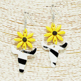 90537, WESTERN BULL HEAD WITH SUNFLOWER DANGLE EARRING, MOHAIR