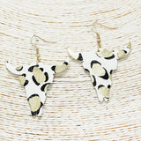 Gold Glitter Accent Steer Head Mohair Faux Leather Earring, Western, Bull Head