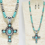 90730, WESTERN CROSS TURQUOISE BEADED PENDANT NECKLACE, RELIGIOUS