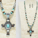 90730, WESTERN CROSS TURQUOISE BEADED PENDANT NECKLACE, RELIGIOUS