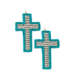 90824, CROSS SEED BEADED & RHINESTONE EARRING, RELIGIOUS