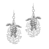 SEA Turtle Charm with Coral Metal Dangle Earring, SEA Life, Ocean