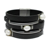 90863, FRESHWATER PEARL ACCENT FAUX LEATHER MAGNETIC CLOSURE BRACELET