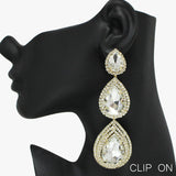 90884, TEARDROP RHINESTONE DROP DANGLE EVENING CLIP ON EARRING, WEDDING, BRIDAL, PROM