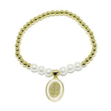 90968, CROSS CHARM STAINLESS STEEL BALL & PEARL BEAD STRETCH BRACELET, RELIGIOUS