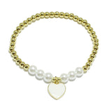 90971, HEART CHARM STAINLESS STEEL BALL & PEARL BEAD STRETCH BRACELET, VALENTINE'S DAY