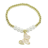90972, MULTI PAVE HEART CHARM STAINLESS STEEL BALL & PEARL BEAD STRETCH BRACELET, VALENTINE'S DAY