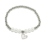 90973, PAVE HEART CHARM STAINLESS STEEL BALL & PEARL BEAD STRETCH BRACELET, VALENTINE'S DAY