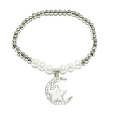 90976, CRESCENT MOON & STAR CHARM STAINLESS STEEL BALL & PEARL BEAD STRETCH BRACELET