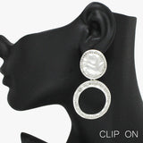 90994, GEOMETRIC HAMMERED METAL WITH RHINESTONE CLIP ON EARRING