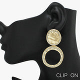90994, GEOMETRIC HAMMERED METAL WITH RHINESTONE CLIP ON EARRING