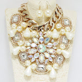 91042, RHINESTONE WITH PEARL CHARM STATEMENT NECKLACE